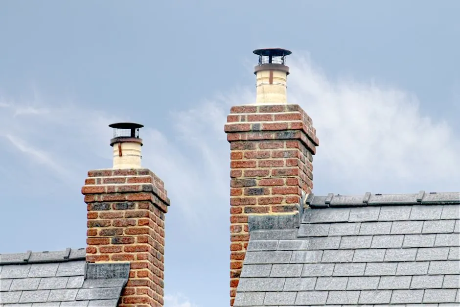 Two brick chimney stacks with capped pots rising from a slate roof