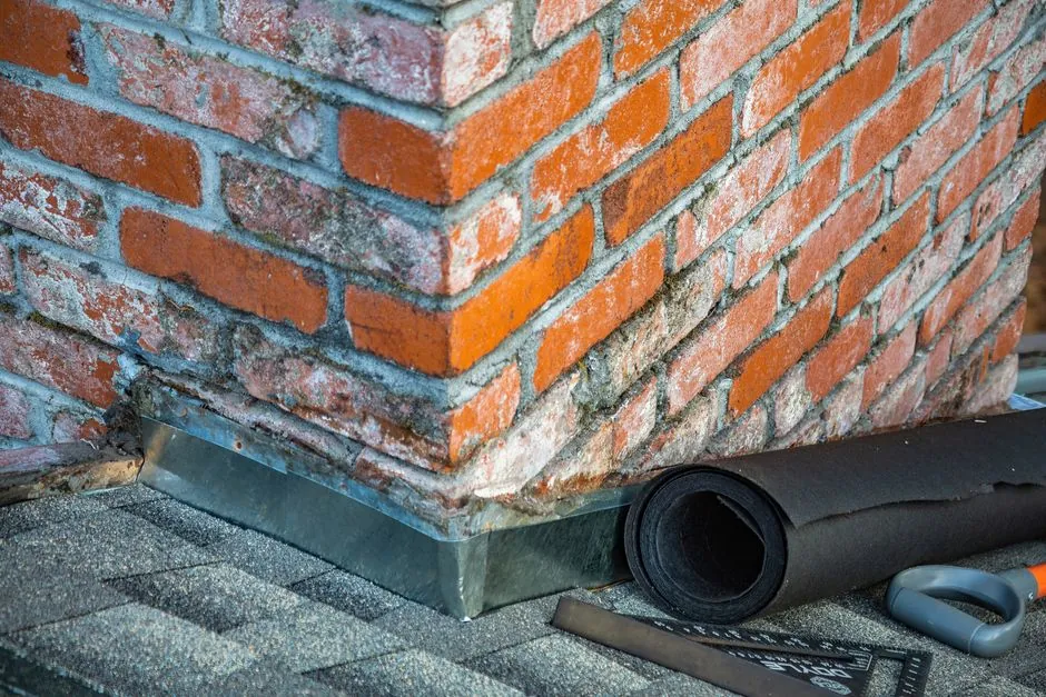 Lead flashing dressed into the brickwork where a roof meets a wall, with a roll of lead alongside